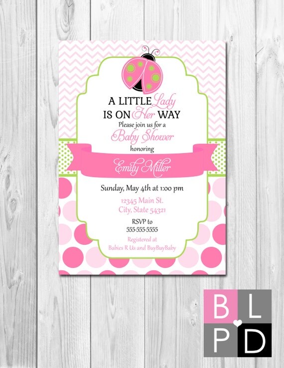Little Lady Ladybug Baby Shower Invitation - Chevron Stripes and Polka Dots - Pink and Green - DIY - Printable Il_570xn