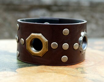 Leather Cuff, Metal Rivets & Grommets, Rocker Style, Unisex Cuff, Western Style, Brown Vintage Leather, Cowgirl Jewelry