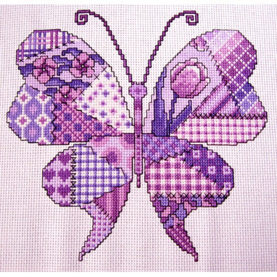 Purple Patchwork Butterfly Cross stitch Pattern, Instant PDF download.