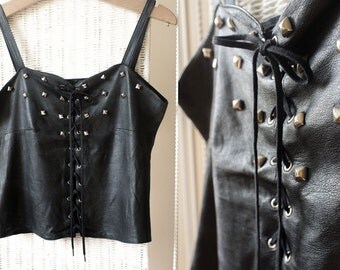 black leather lace up top