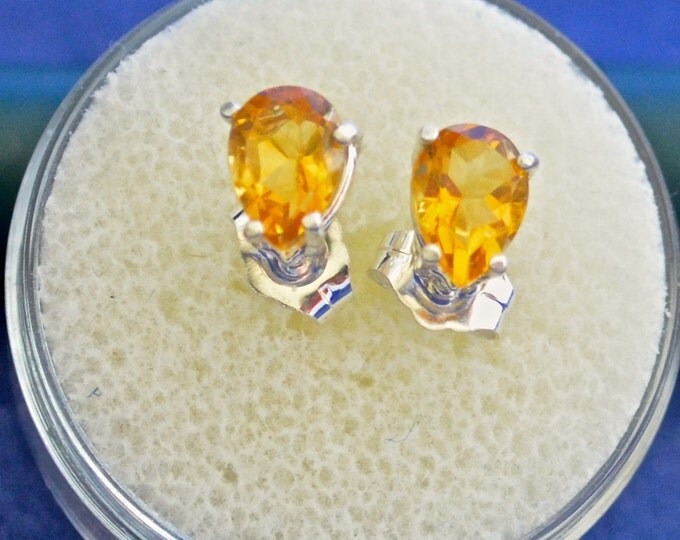 Citrine Studs, 7x5mm Pear Shape, Natural, Set in Sterling Silver E422
