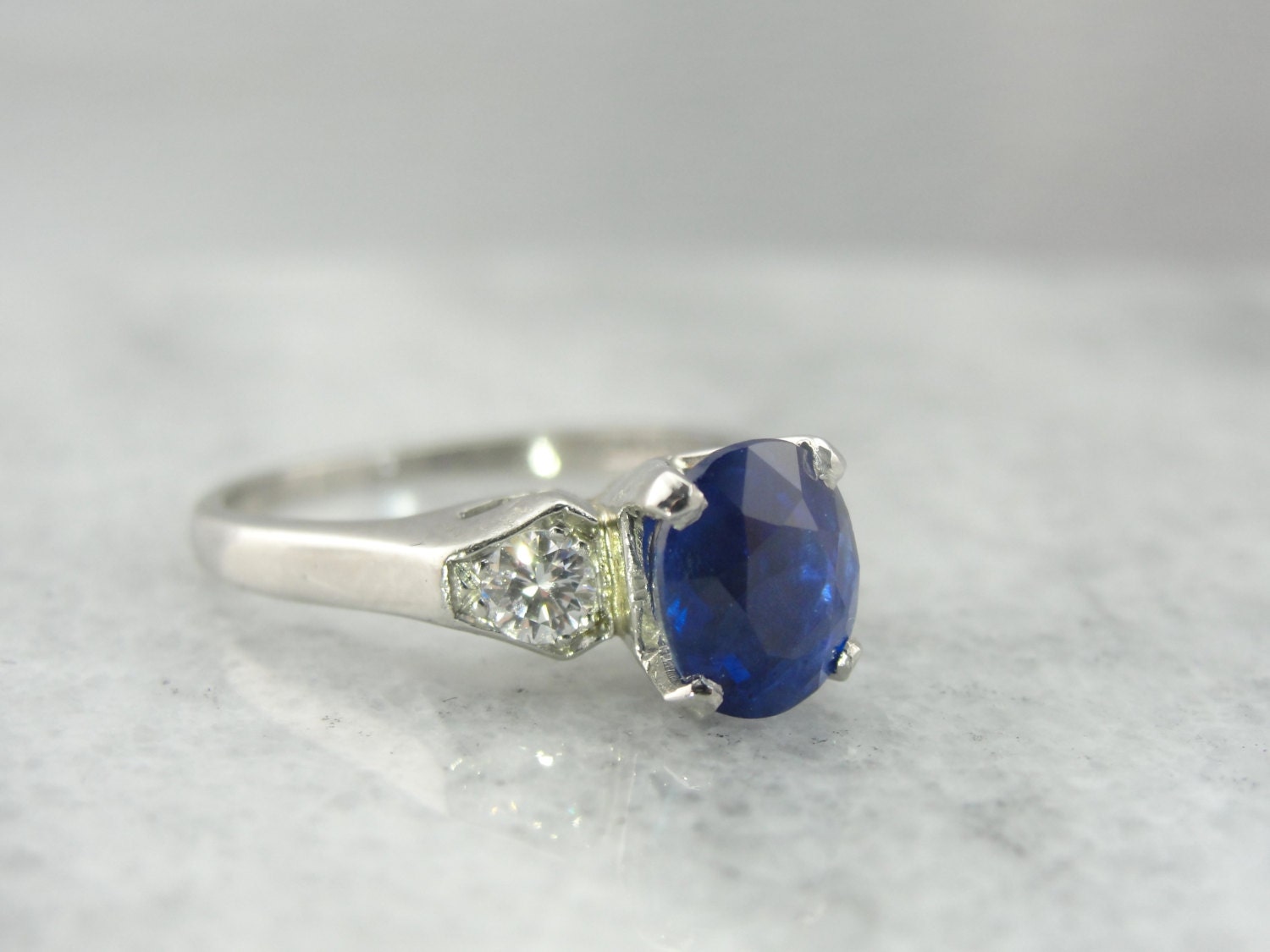 Natural Blue Ceylon Sapphire in Platinum Retro Engagement Ring