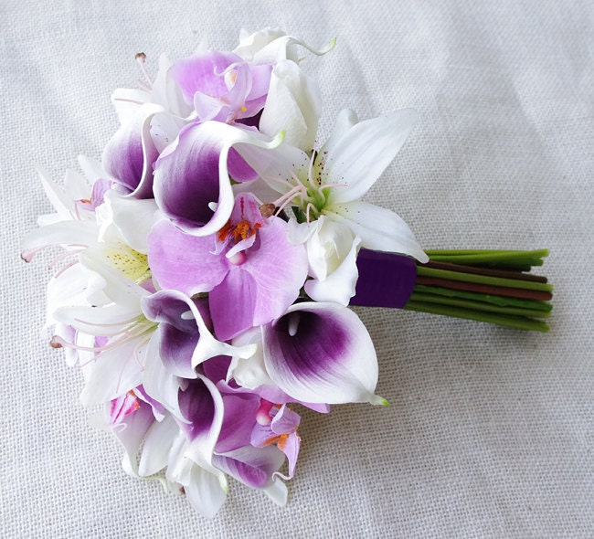 Silk Flower Wedding Bouquet Purple Heart Calla Lilies