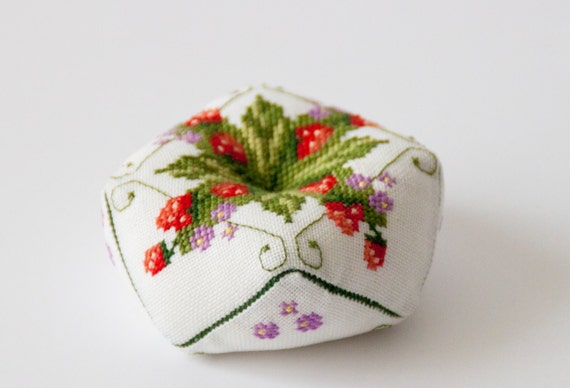 PIN CUSHION  with cross stitch strawberries