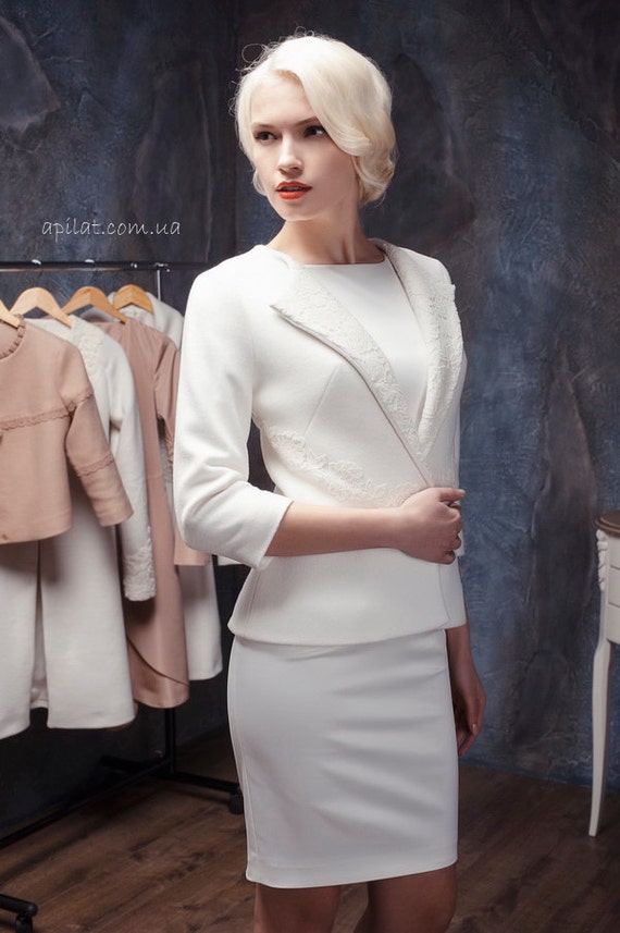 Woman Wool Jacket with lace Wedding white collarless coat