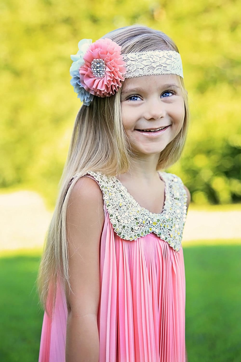 Peach Baby Headband, Grey Flower Headband, Peach Gray Headband, Ivory