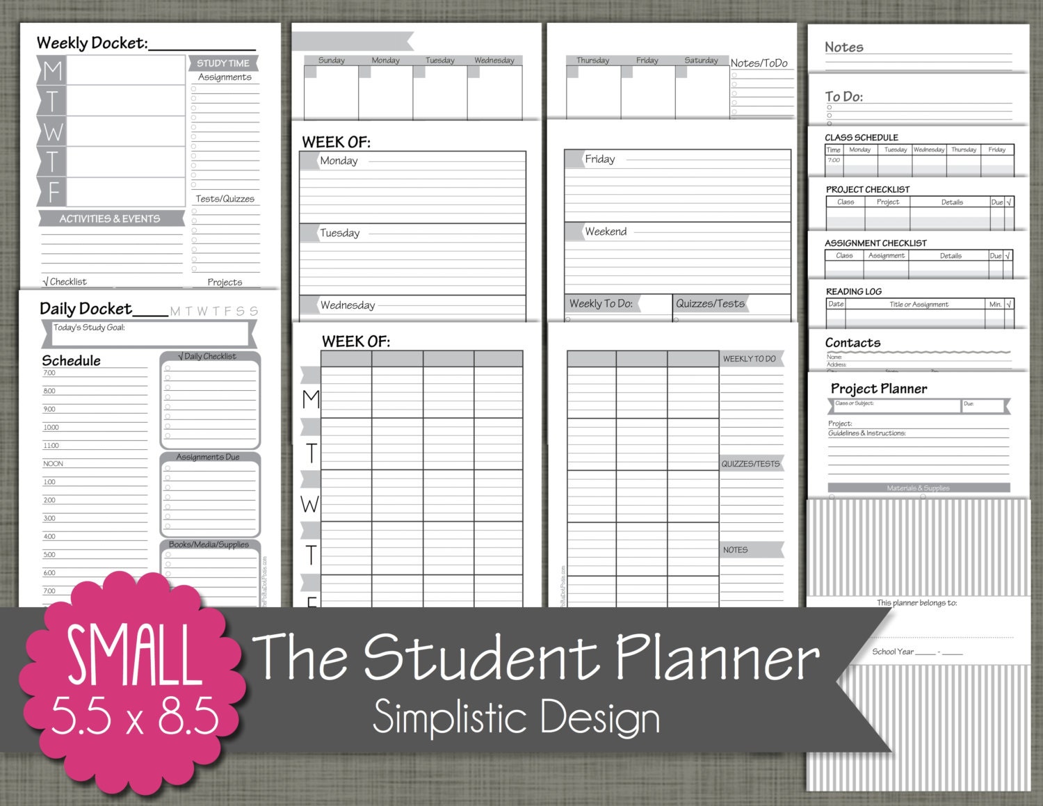 student planner printable set sized small 55 x