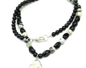 Black White Necklace, Speckled Jasper, Black Obsidian, Glass Beads, Amazonite Pendant, Women's Handmade Jewelry by elle and belle