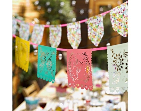 Wedding / Party Garland - Mexican Papel Picado Style Bunting - Cut Out - Flowers and Birds