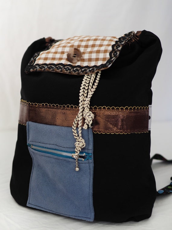 Items similar to Soft black fabric backpack, with draw string and handle. on Etsy