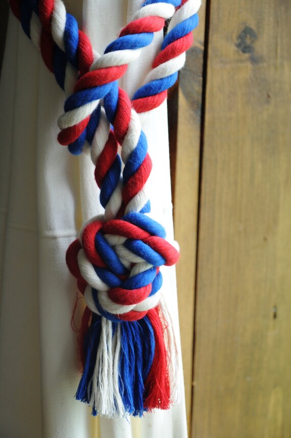 Patriotic Curtain Tiebacks - Nautical Decor - Red White and Blue Cotton Curtain Tiebacks - (this is for a pair)