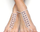 White Bridal Glass Beaded Barefoot Sandals. Fine Shoeless Foot Jewelry