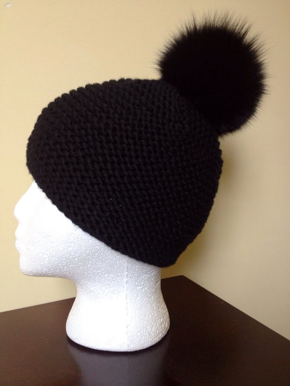 Beanie pom pom Pom Black Hat Wool Fur  by beanie hat Black Pom fur with black Fox HandmadeKnitsHats