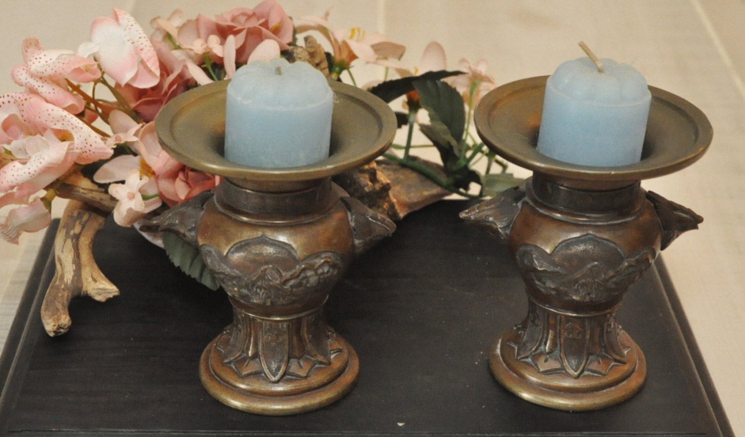 Pair of Antique Chinese Bronze Candle Holders 1800s Quing