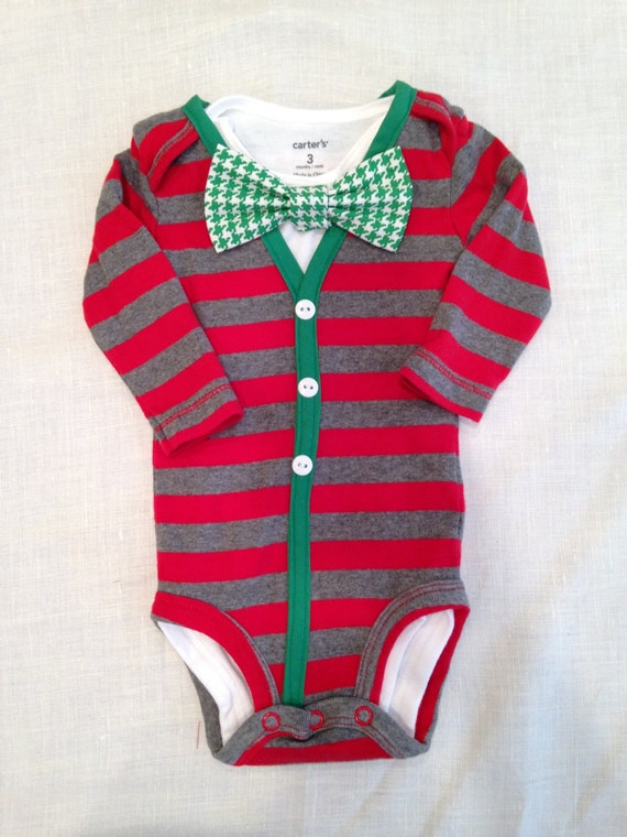 Items similar to Red/Grey Striped CHRISTMAS Baby Boy Cardigan Bodysuit ...