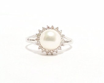 Items similar to 10 MM Fresh Water White Pearl & Diamonds Ring in 14K ...