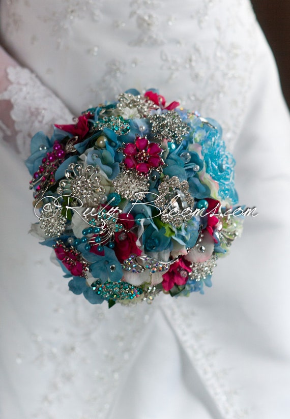 Magenta Blue Wedding brooch bouquet Magenta in by ...