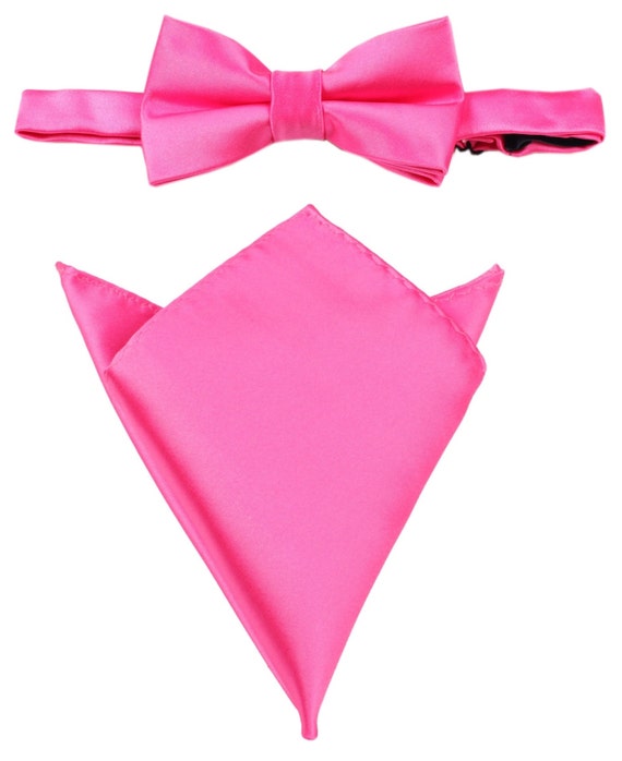 Matching Bow Tie Pocket Square Combo Hot Pink Solid Color