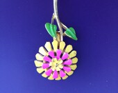 So Sixties... Groovy Cute Pink Yellow and Green Three Layer Daisy Brooch Set In Goldtone