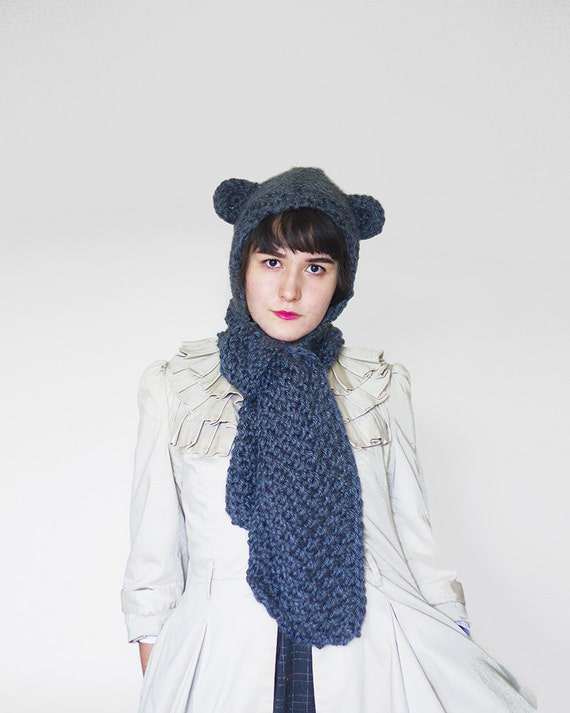 Hoodie ears Hood  Knitted in Ears   Animal Scoodie  knitted with  scarf Scarf hooded with Knit   Winter