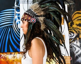 The Original - Real Feather Black Chief Indian Headdress Replica 75cm, Native American Style Costume Hand Made War Bonnet Hat