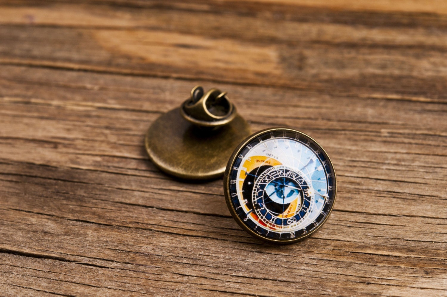 Lapel pin - Astronomical clock lapel pin, steampunk pin, clock brooch, glass dome lapel pin, antique brass lapel pin, Prague clock lapel pin