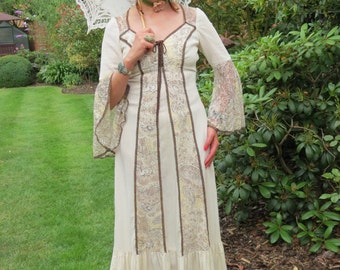 Vintage 1970s Southern Belle Victorian Medieval Style Bell Sleeve Maxi Prairie Dress with Lace.