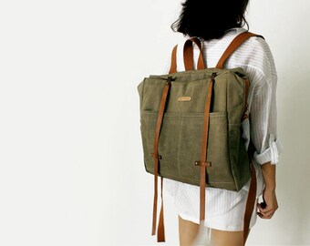 Cow Leather Waxed Canvas Backpack, BACKPACK, Women's, Men's leather bag ...