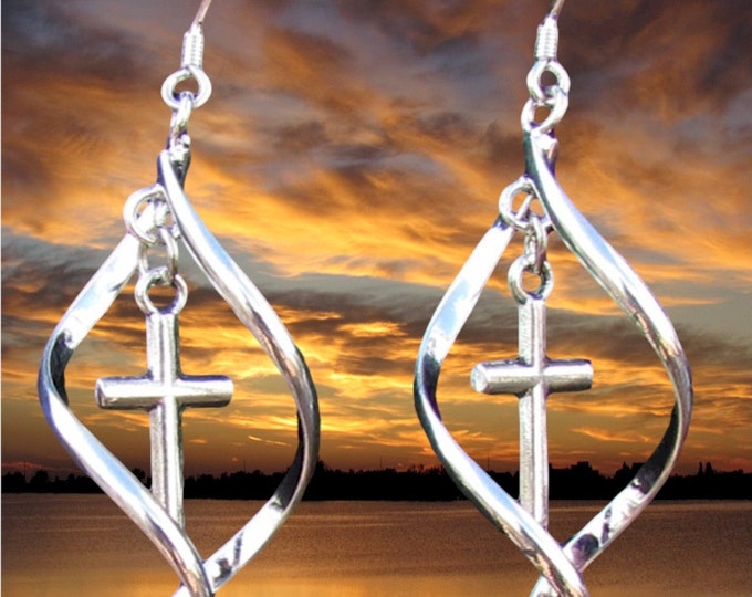 Silver Twist Cross Earring Necklace Pendant Set Women Girls Drop Dangle Christian Jewelry - Saint Michaels Jewelry