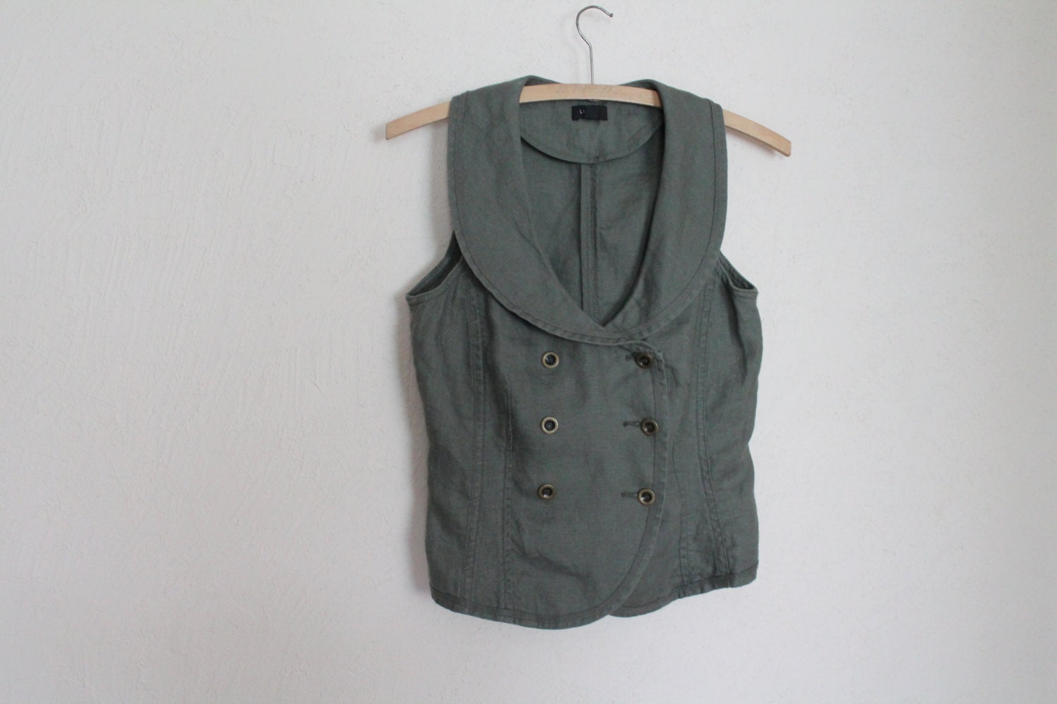 Olive Green Khaki Linen Vest Women Waistcoat Suit Collar Sleeveless Jacket Fitted Traditional Formal Classic Romantic Small Size