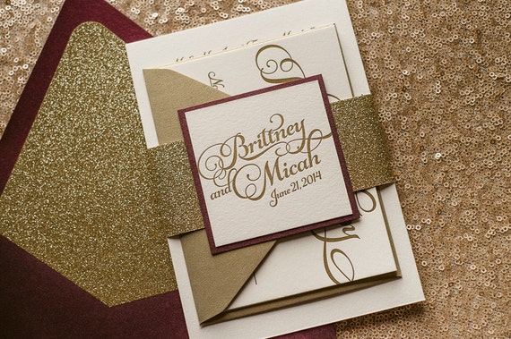 Wine & Gold Fall Wedding Invitation, Gold Glitter Wedding Invite, Calligraphy Invitation, Burgundy Invitation - Sample Set