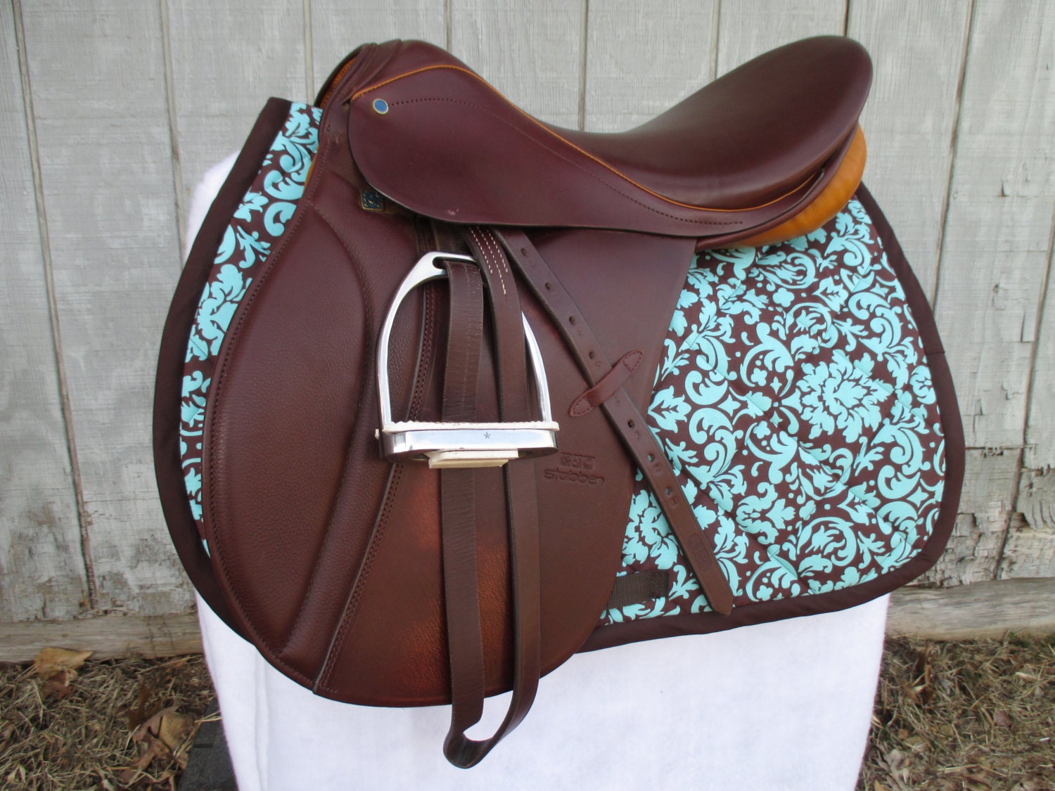 English AllPurpose Saddle Pad Brown and Turquoise Damask