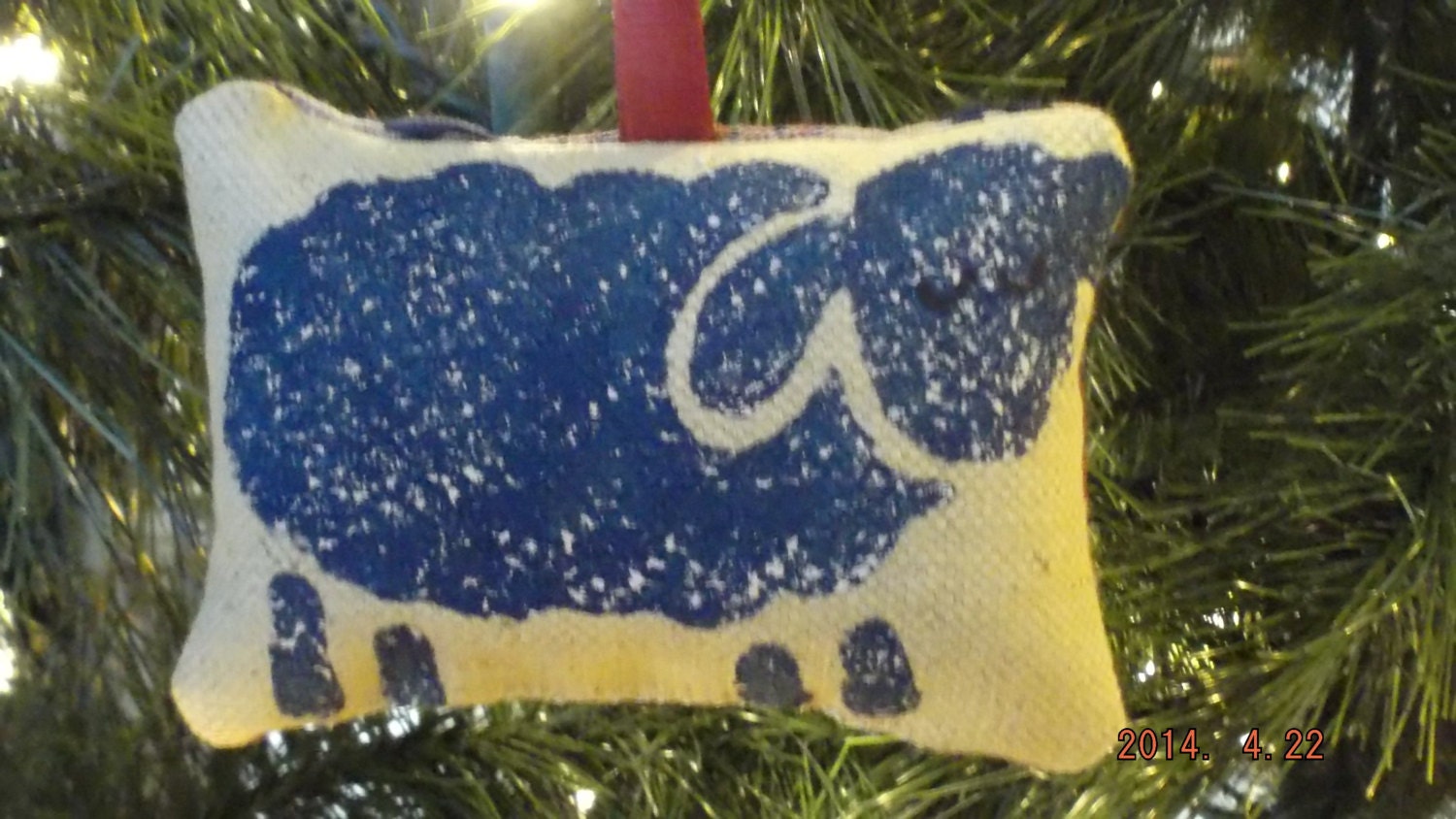 Primitive Blue Easter/Christmas Lamb Sheep Pillow Decoration on Burgundy/Khaki Star Gingham Fabric FREE SHIPPING!