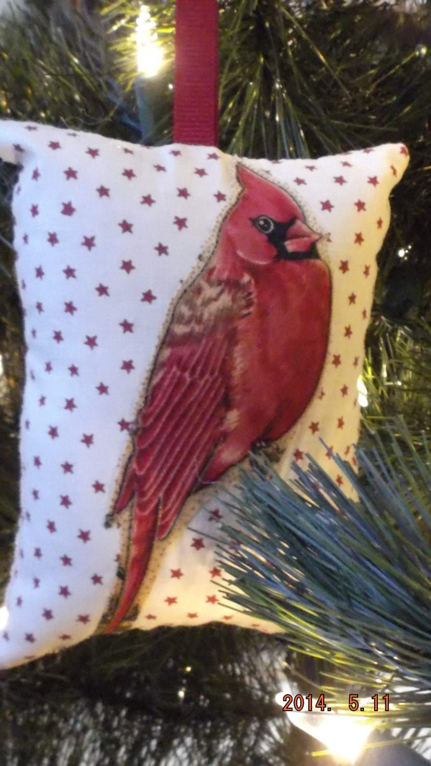 Male Cardinal Appliqued Pillow Christmas Tree Ornament FREE SHIPPING!
