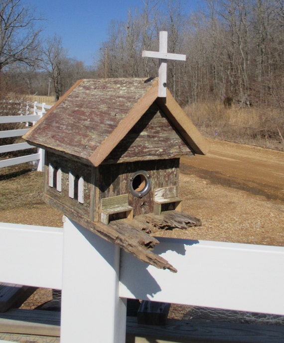 Birdhouse Reclaimed Barn Wood Church White Shutters Benches