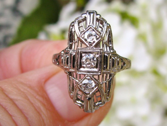 Antique Engagement Ring Old Mine Cut Diamond 14K White Gold