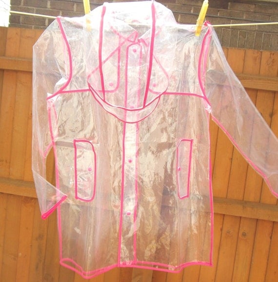 SALE Awesome 90s see through rain coat with hot pink trim