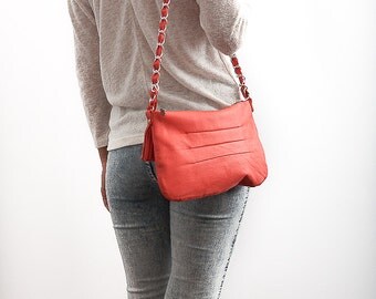 FREE SHIPPING Genuine leather crossbody coral bag with chain strap / coral purse
