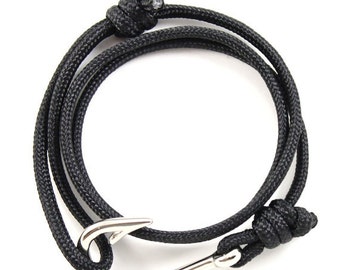 Fish Hook Bracelet in Black - Rope Bracelet, Nautical Bracelet, Fish ...