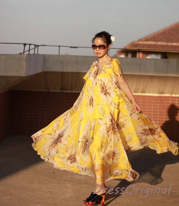 flowing sleeves yellow floral maxi dress long chiffon dresses