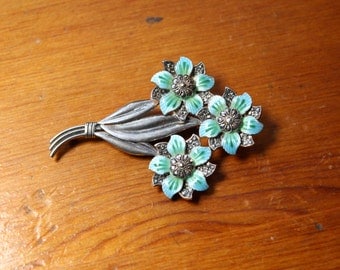 Vintage Art Deco Sterling Silver Enamel and Marcasite Flower Pin