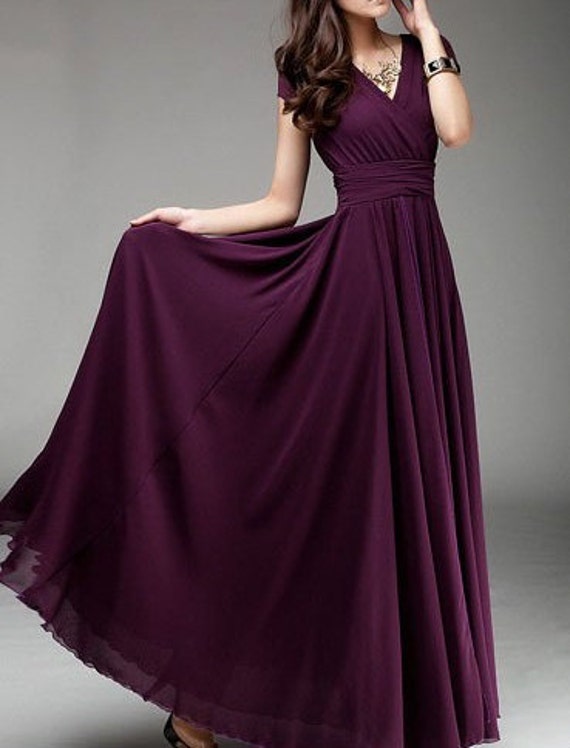 Maxi Dress Plum Dress V Neck Dress Dark Purple by Lemontree2013