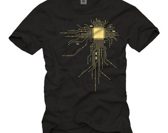Cool Computer Geek T-Shirt for Men with "CPU" Print black/yellow Size S-XXXL