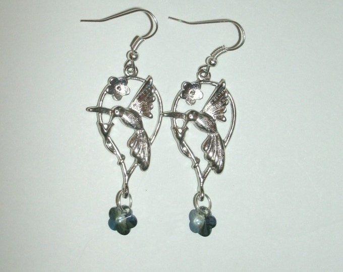 Hummingbird handmade earrings, gifts, Silver Hummingbird and decorative floral Earrings with Swarovski Crystal Blue AB Flower Shape bead