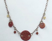 Dark Ruby Red Polymer Clay Necklace with Vintage Glass Beads, Boho Style Mixed Media Jewelry, Gold Henna Pattern, Brick Red