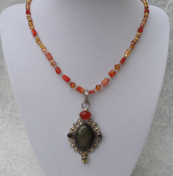 Gold Sheen Obsidian Carnelian Multi-Gemstones Necklace And