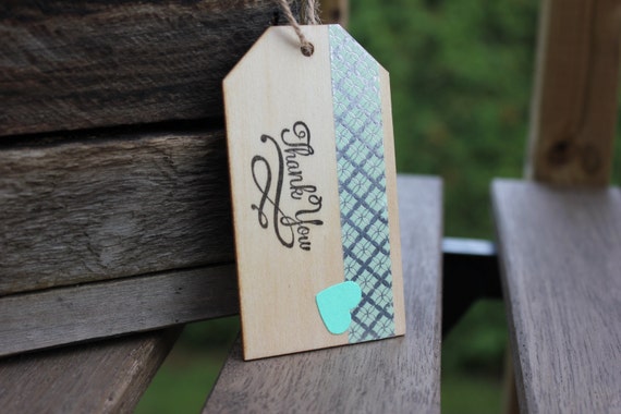 Handmade Gift Tag - Wooden Gift Tag, Washi Tape, Metallic Tape, Mint Green, Stamped with "Thank You", Cardstock Heart