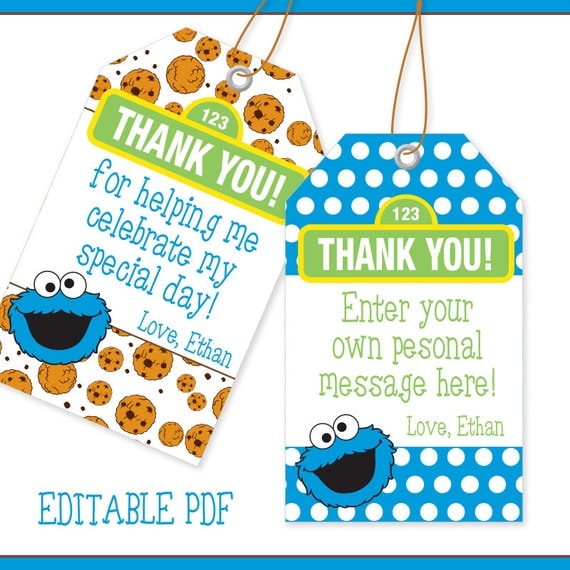 EDITABLE PDF Cookie Monster Inspired Favor Tags 4 Designs