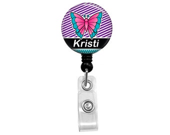 Retractable ID Badge Holder - Cute Purple Butterfly and Personalized with Your Choice of a Name or Text - Custom badge reel