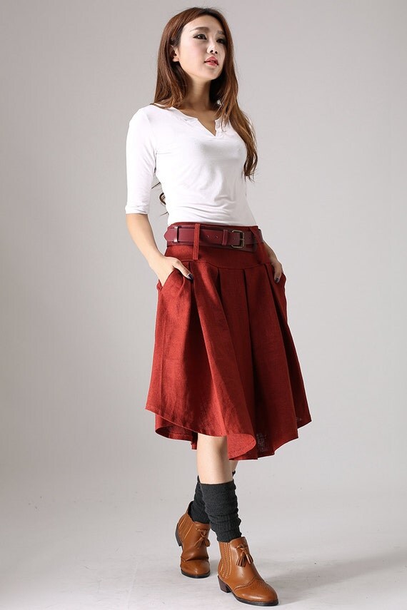 lady skirt red skirt linen skirt knee-length skirt